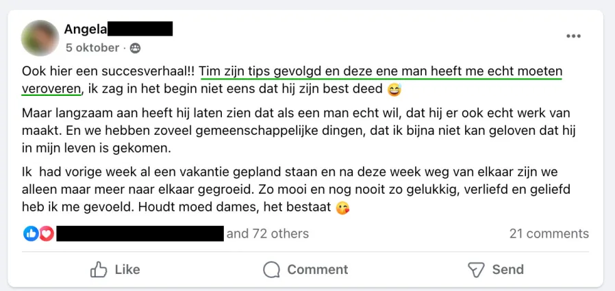 Facebook bericht van Angela over haar succesverhaal