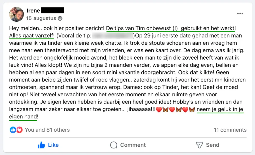 Facebook bericht van Irene over haar nieuwe relatie